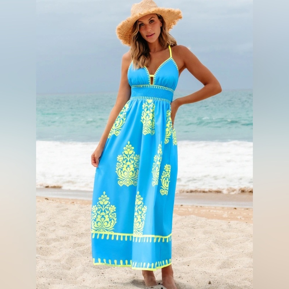 Blue and Yellow Tribal Maxi Dress.